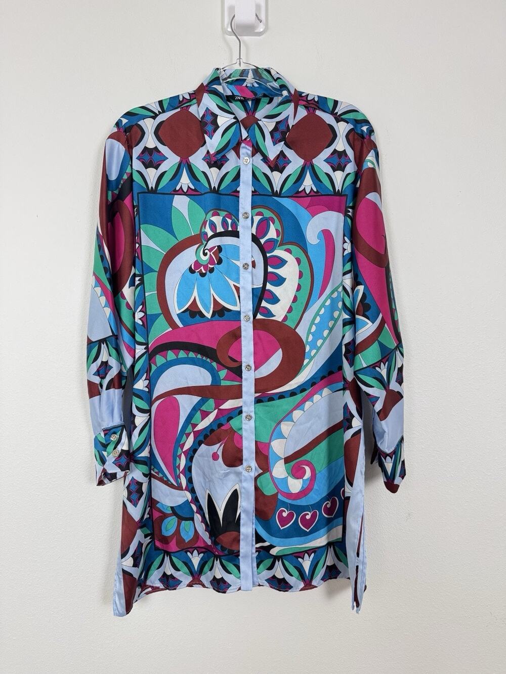 Zara Satin Blouse Women’s Medium Scarf Print Oversized Shirt Button Up Longline
